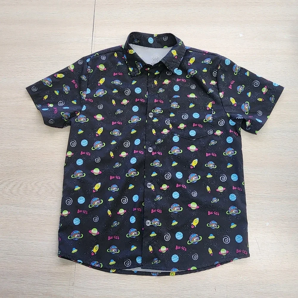 Bucees Youth Kids Button Down Shirt All‎ Over Print Medium Boys Hawaiian Space